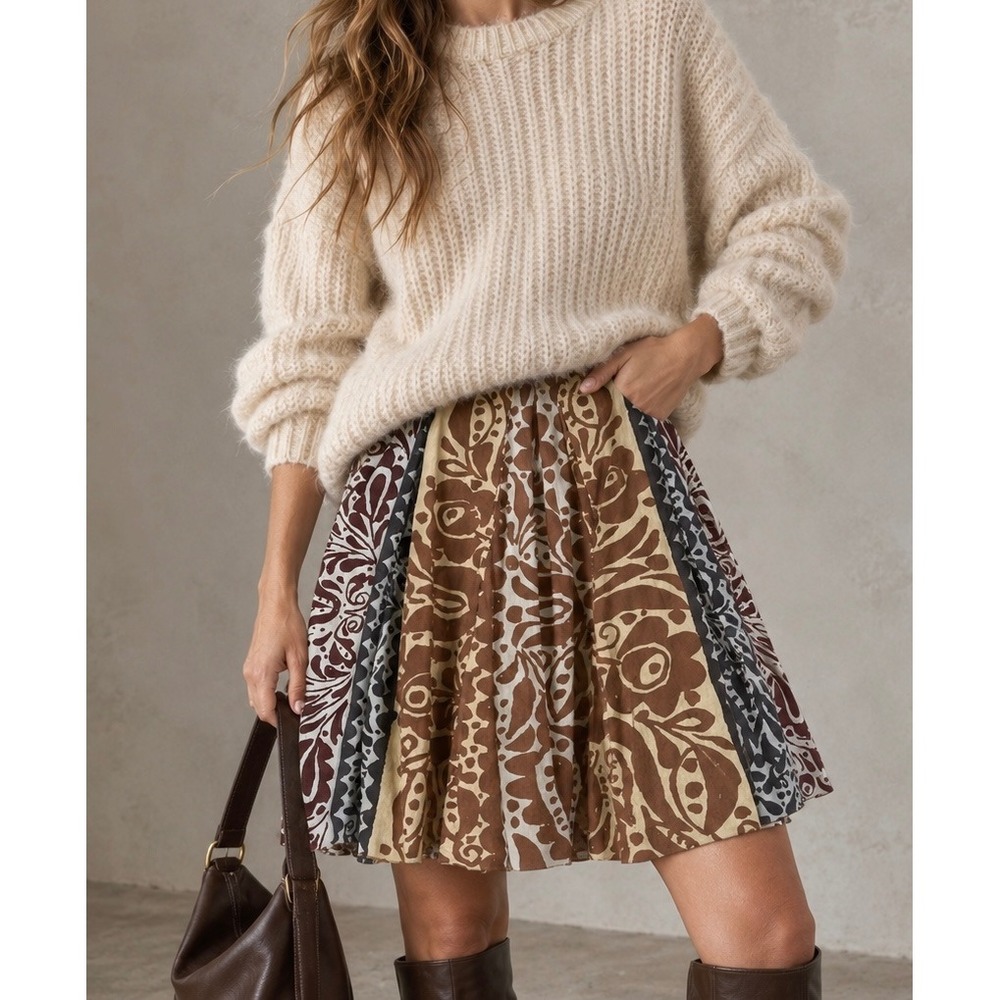 MARIMEKKO Vintage 90s Brown Tan Abstract Floral Cotton Pleated Circle Mini Skirt